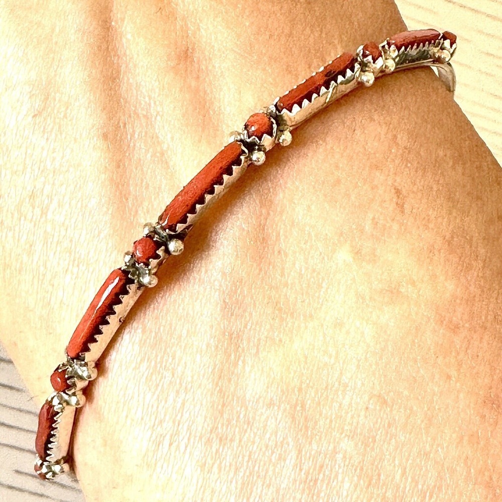 Navajo Cuff Bracelet Red Coral 6.5 in Signed Needlepoint Sterling Handmade